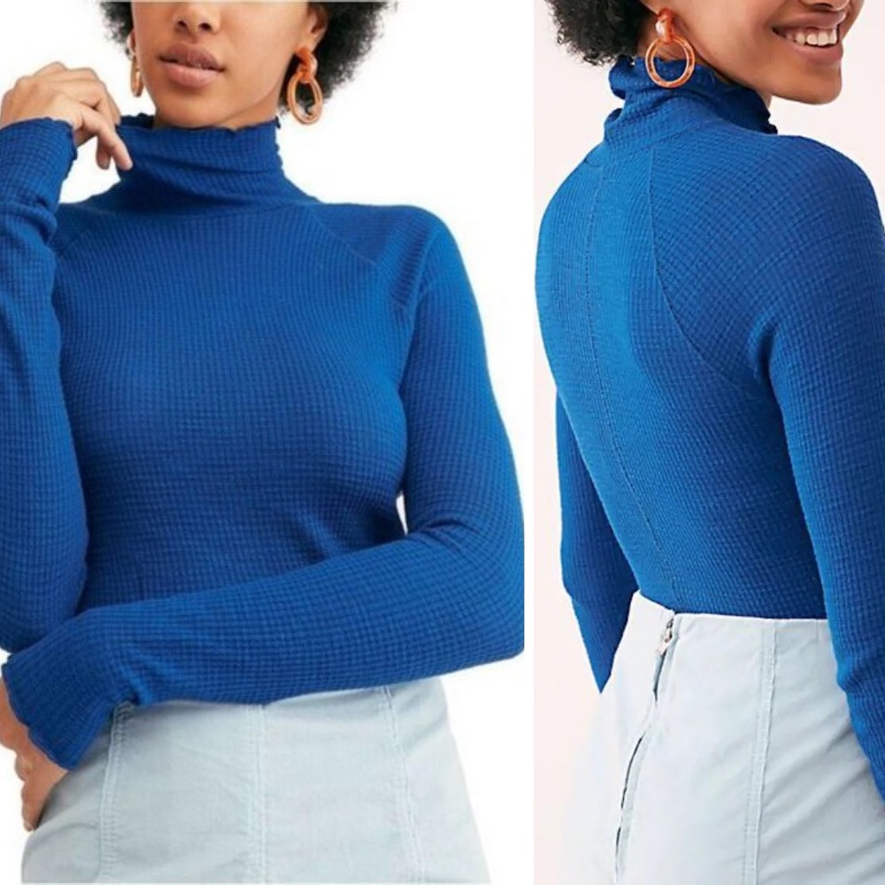 Free People Blue Lettuce Edge Waffle Knit High Neck Top